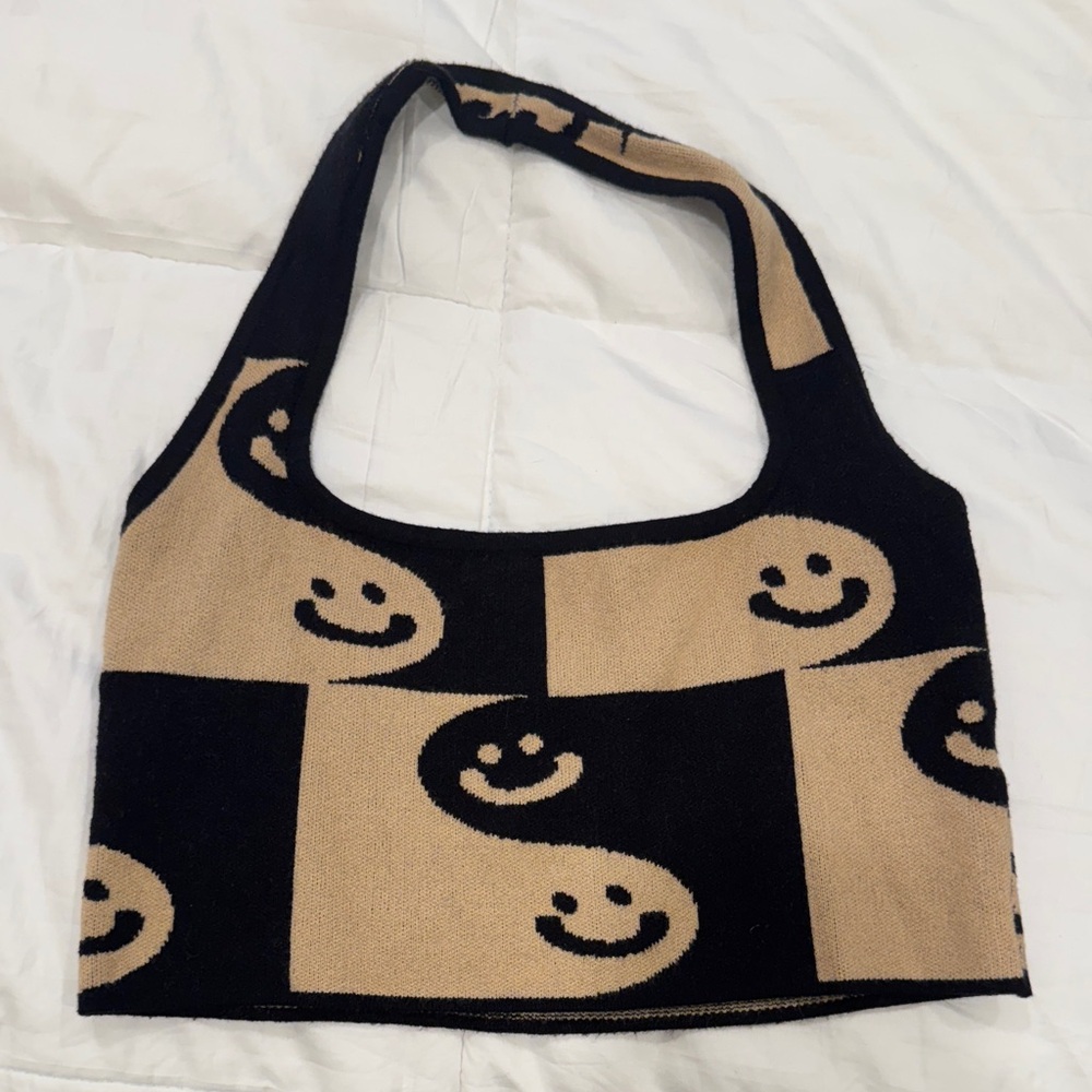 Smiley Face Patterned Black and Tan Women's Top